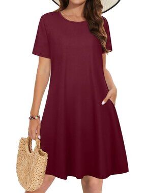 Women's Burgundy T-shirt Short Sleeve Floral Sundress Beach Cover Mini Dress